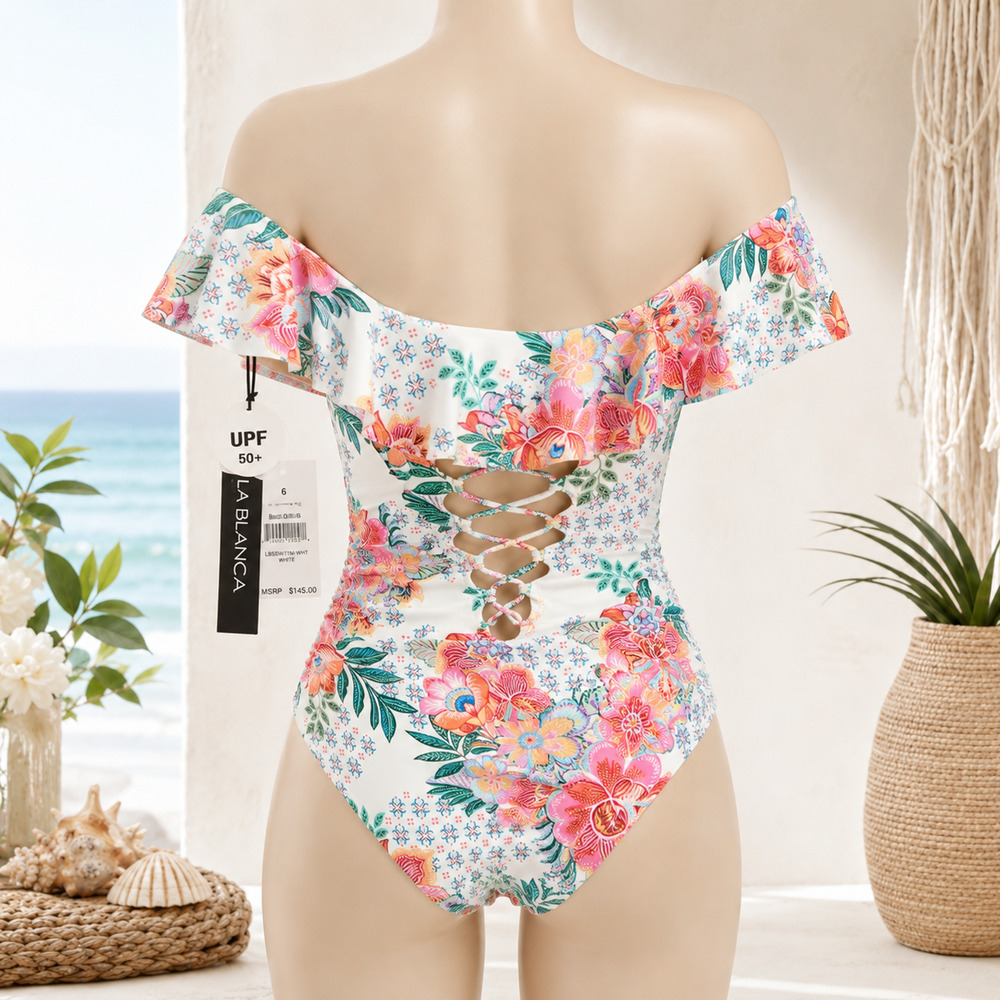 La Blanca Off Shoulder Floral One Piece Swimsuit NWT White Size 6 UPF 50+ - Picture 2 of 4